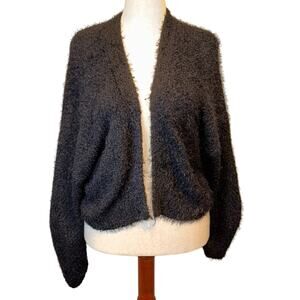 Urban Outfitters sweater shrug black fuzzy open front crop length loose fit Sz M
